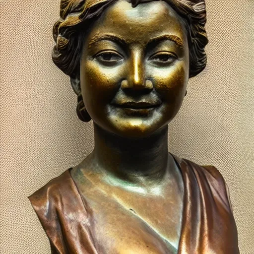 Image similar to detailed photo of an old bronze patina statue of a beautiful curvy woman portrait, intricate detail, museum diffuse lighting