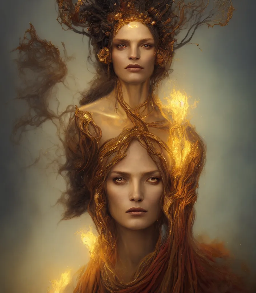 Prompt: oil portrait | single character | full medium shot | front close - up | dressed in long rags with minerals, fire in your hair, ethereal, biblically accurate goddess, multidimensional, tiny gold embellishments on the face, octane render, devianart, fine art, intrincate. by peter mohrbacher, marc simonetti, anna podedwor