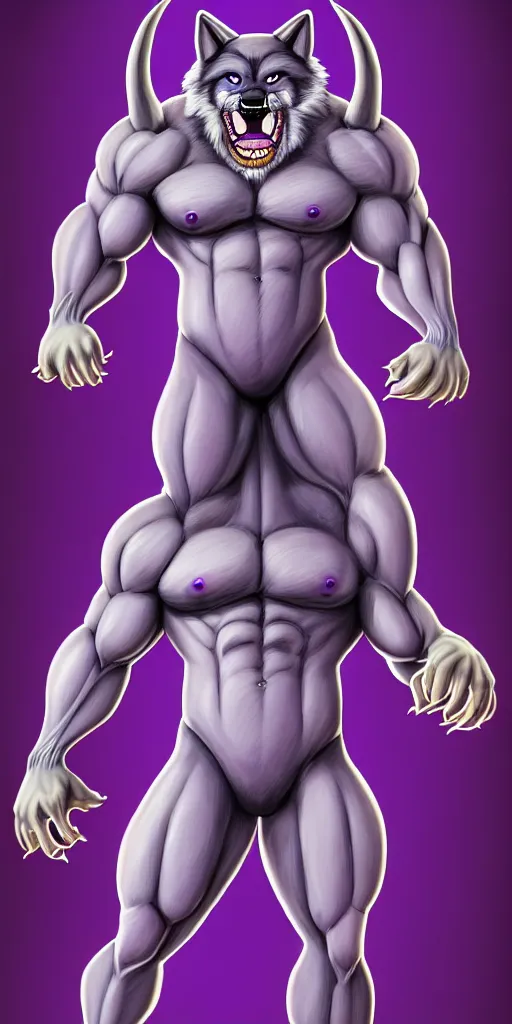 Image similar to painting of an anthropomorphic bulky muscular purple wolf, furry style, wearing jeans, deviant art, fursona, professional furry drawing, insanely detailed, bulky wolf - like face with dragon features, doing a pose from jojo's bizarre adventure, detailed veiny muscles, exaggerated features, beautiful shading, huge teeth, grinning, colorful background