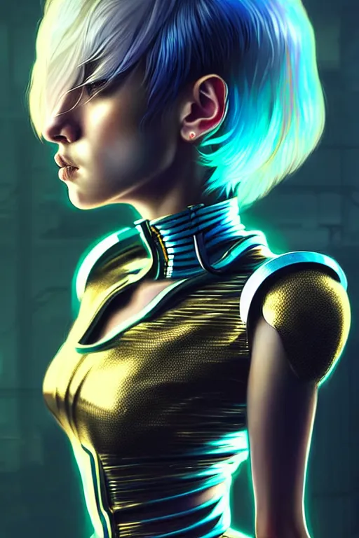 Prompt: hyperdetailed portrait of one stunningly beautiful caucasian cyberpunk girl with very short hair androgynous guard made of iridescent metals, in the cybercity inspired by ross tran and wlop and masamune shirow and kuvshinov, concept art, intricate, photorealistic, octane render, rtx, hdr, unreal engine, dnd digital art by artgerm