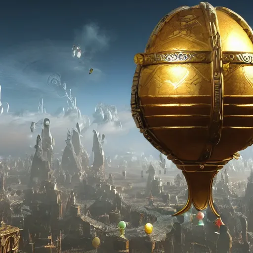 Image similar to enormous flying city in a faberge egg, sky, steampunk, fantasy art, masterpiece, unreal engine