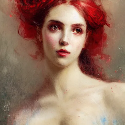 Image similar to Jean-Baptiste Monge and Solomon Joseph Solomon and Richard Schmid and Jeremy Lipking victorian genre painting portrait painting of a young beautiful woman marverl DC comic book character fantasy costume, red background