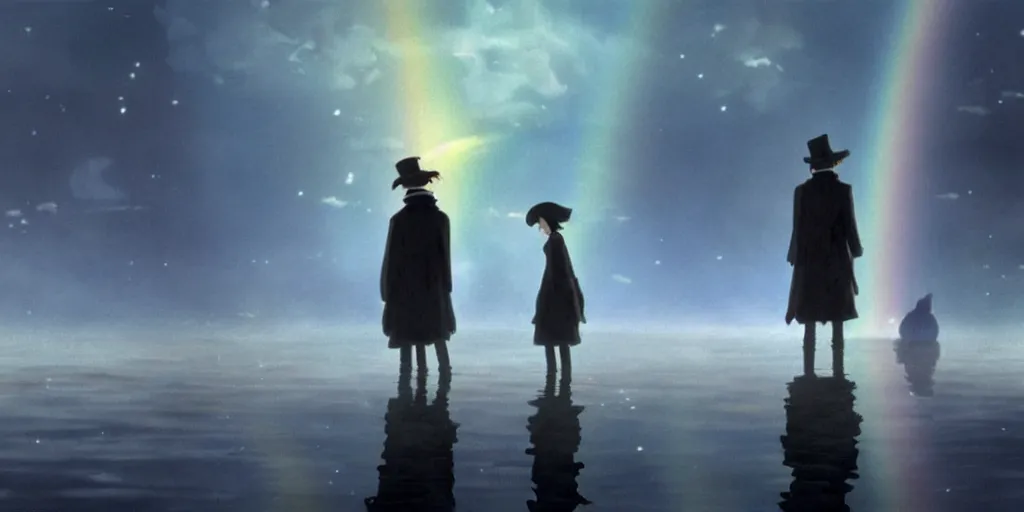 Image similar to a realistic and atmospheric cell - shaded concept art from howl's moving castle ( 2 0 0 4 ) of a rainbow colored ufo landing on the ground. a grey monk is standing in a flooded parking lot. it is a misty starry night. very dull muted colors, hd, 4 k, hq