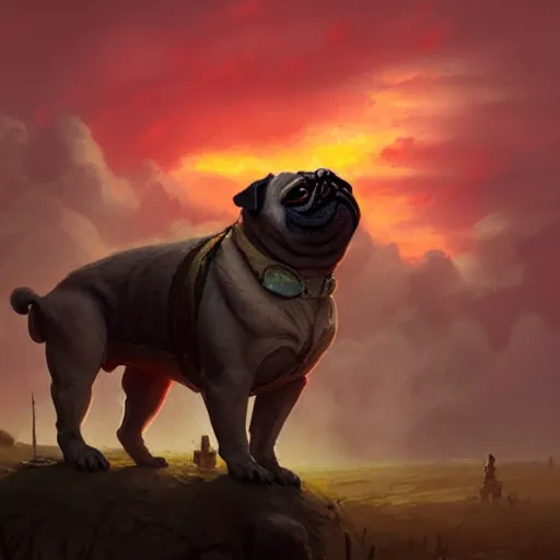 Prompt: anthropomorphic pug, alone on a battlefield surrounded by corpses of animals, horror , backlight, red sky, highly detailed, digital painting, artstation, concept art, matte, sharp focus, illustration, by Greg Rutkowski and frazetta