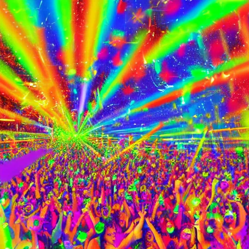 Prompt: rave party with colorful lasers and lighting and lots of people dancing in a crowd, digital art