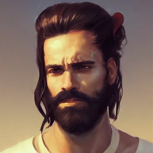 Prompt: a beautiful painting dramatic portrait of a young man with long hair tied in a bun and black beard holding a jack russell by greg rutkowski, featured on artstation