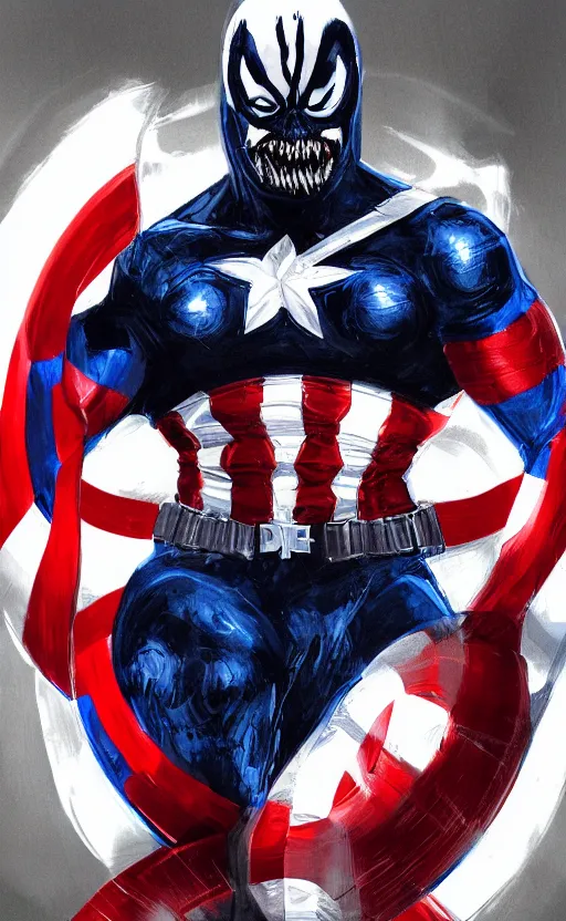 Image similar to full body portrait of venom as captain america, dynamic lighting, cinematic, ultra detailed, trending on art station, stunning visuals, creative, fantasy concept art