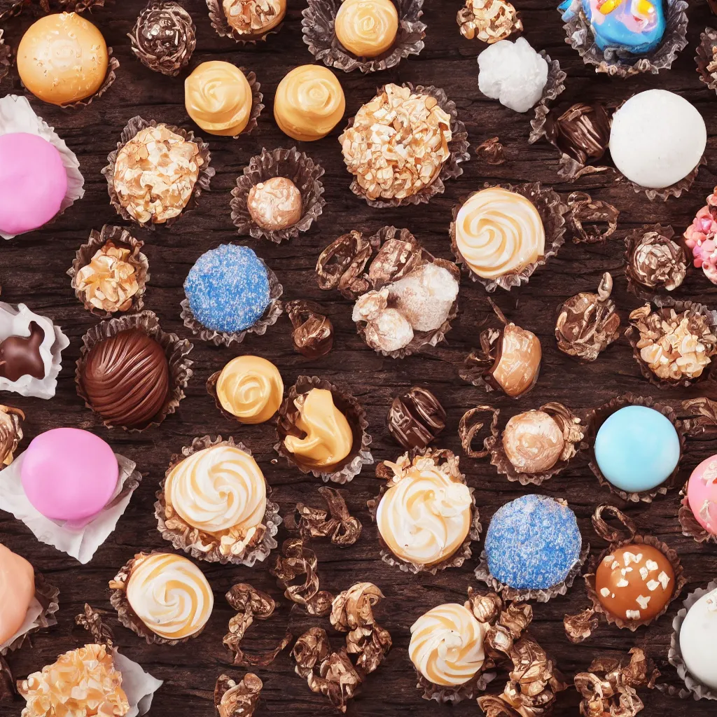 Image similar to close-up photo of confectionaries on top of a wooden table, 8k, high detail, photorealistic, proper shading