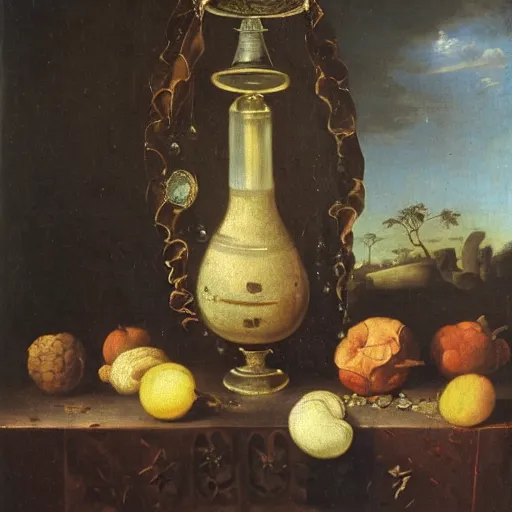 Image similar to gravity bong in still life. dutch masters, 1 8 th century. oil on canvas