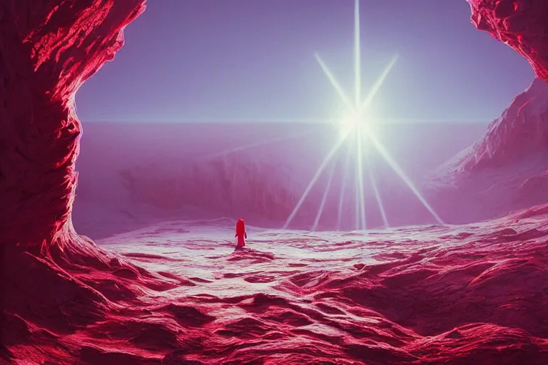 Image similar to surreal frozen landscape, winter sun, light beams, painting by beeple and zdzisław beksinski, sharp focus, red color scheme, a matte painting by li shida, cgsociety, context art, redshift, matte painting, reimagined by industrial light and magic