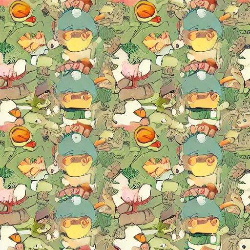 Image similar to repeating pattern of illustrations of cute frogs and mushrooms, woodland autumnal aesthetic, in the style of moebius and studio ghibli