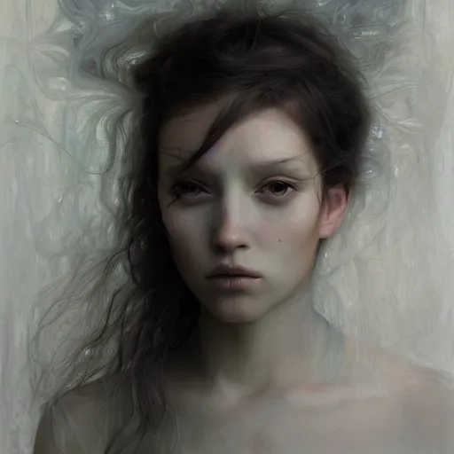 Prompt: ghostly beautiful female portrait in detail in oil paint in white by james jean,