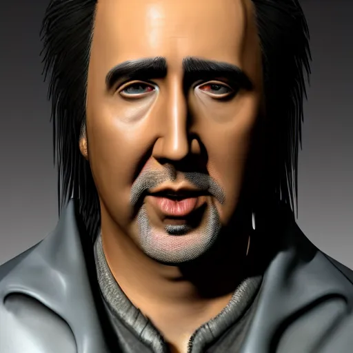 Image similar to Nicolas Cage JRPG FFX cinema 4d render, Ray tracing reflection, natural lighting, award winning photography