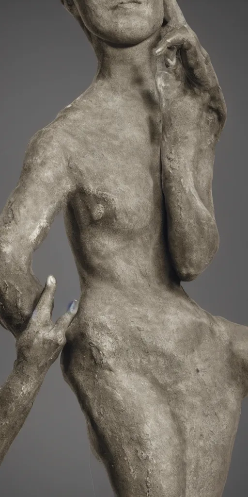 Image similar to detailed photo of old concrete patina statue of most famous woman, full body portrait, various bending poses, photorealism, intricate detail, museum diffuse lighting