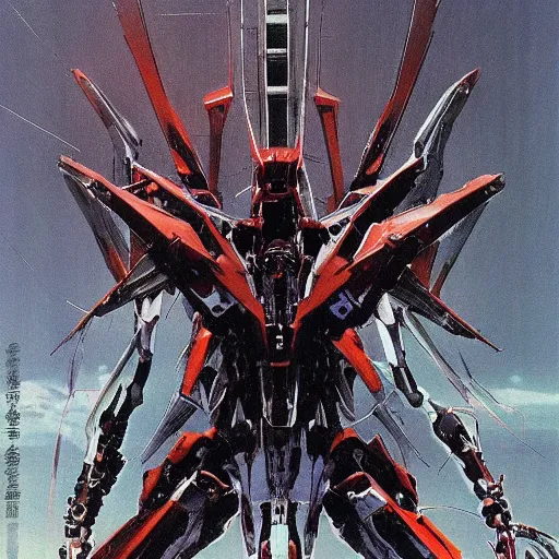 Prompt: a sleek, futuristic evangelion mecha, defending the vast looming city, designed by hideaki anno, drawn by tsutomu nihei, and painted by zdzislaw beksinski