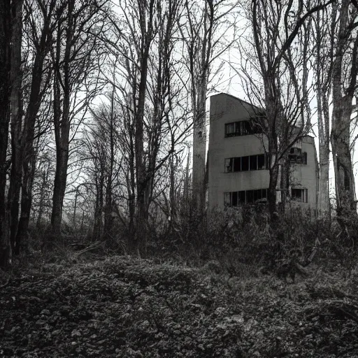 Prompt: creepy building with in a dark forest at midnight