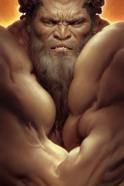 Image similar to hulking herculean ogre jesus christ, masterpiece, intricate, elegant, highly detailed, digital painting, artstation, concept art, smooth, sharp focus, illustration, art by artgerm and greg rutkowski and alphonse mucha and uang guangjian and gil elvgren and sachin teng, symmetry!!