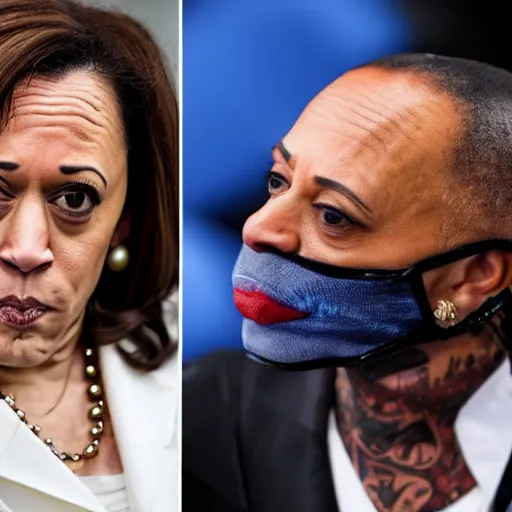 Image similar to kamala harris dressed up in hardcore gangbanger cosplay with face tattoos