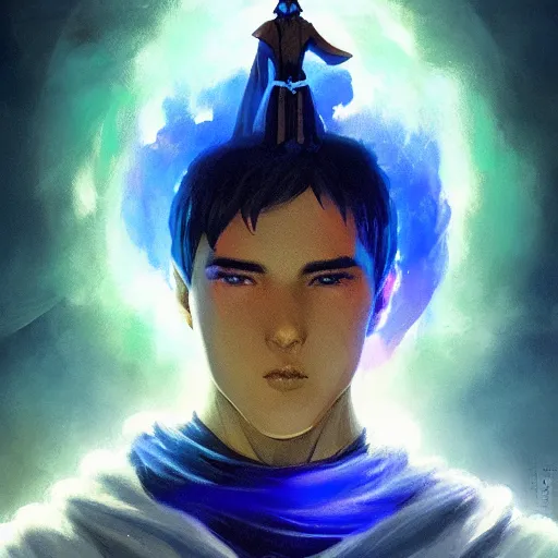 Image similar to a fantastical glowing young monk made of blue aura illustrated by artgerm and greg rutkowski