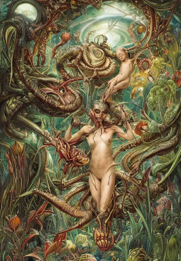 Image similar to elegant, muscular sharks, human babies, botany, orchids, radiating, colorful mandala, psychedelic, overgrown garden environment, by h. r. giger and esao andrews and maria sibylla merian eugene delacroix, gustave dore, thomas moran, pop art, biomechanical xenomorph, art nouveau, somber, horror