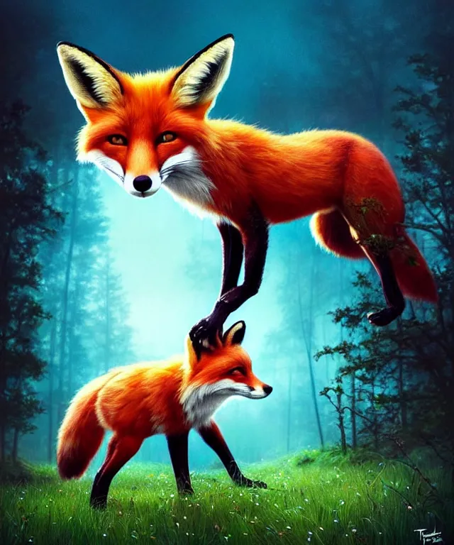 Image similar to a single realistic fox, walking through a psychedelic forest, wide angle landscape shot, pixar style by tristan eaton, artgerm and tom bagshaw