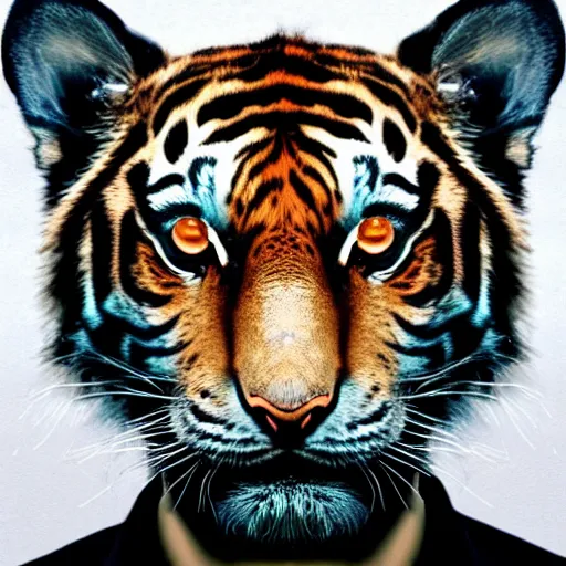 Image similar to half tiger, half robot, portrait, in style of salvador dali