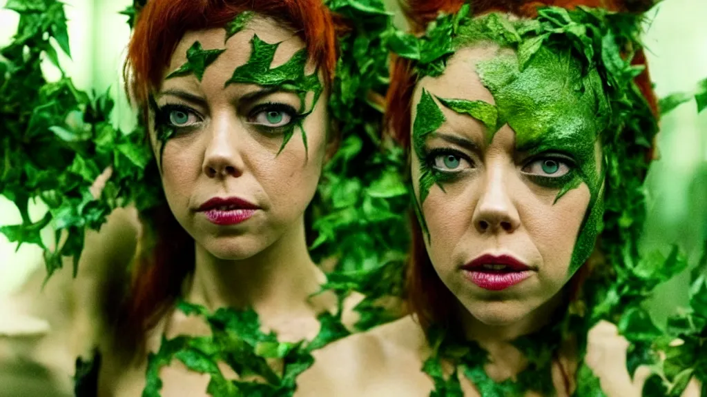 Image similar to Aubrey Plaza as Poison Ivy in The Dark Knight, green skin film still from the movie directed by Denis Villeneuve with art direction by Salvador Dalí, wide lens