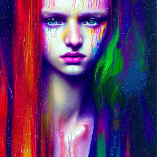 Image similar to portrait of girl in uniquely colored psychedelic rain with wet hair and face, fantasy, intricate, elegant, dramatic lighting, epiphany, highly detailed, lifelike, photorealistic, digital painting, artstation, concept art, smooth, sharp focus, illustration, art by John Collier and Albert Aublet and Krenz Cushart and Artem Demura and Alphonse Mucha