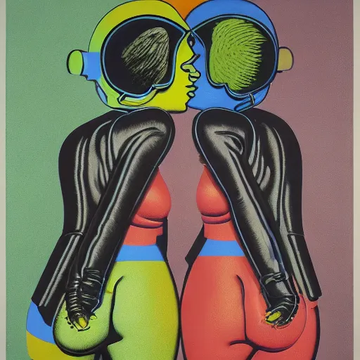 Prompt: portrait of an two girls kissing each other wearing astro helmet with tight black latex dress tight suit by Andy warhol, Edward Hopper and James Gilleard, Zdzislaw Beksinski, Mark Ryden, Wolfgang Lettl highly detailed
