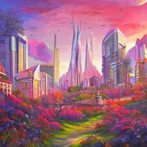 Image similar to Beautiful city of the future in harmony with nature. Nice colour scheme, soft warm colour. Beautiful detailed painting by Lurid. (2022)