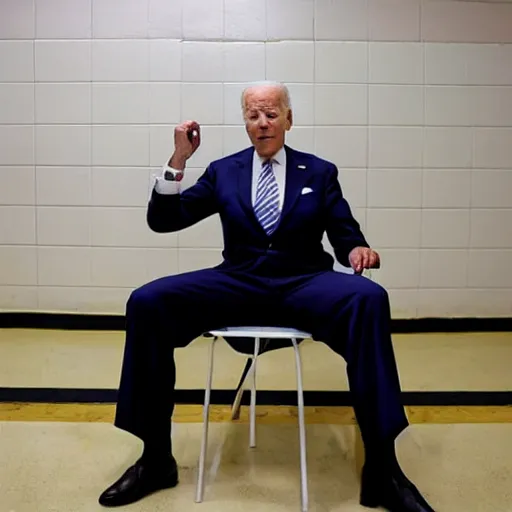 Image similar to Biden in a prisoners outfit sitting in a jail cell.