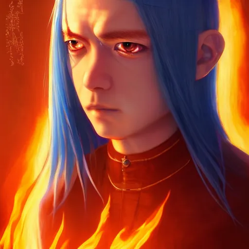 Image similar to rimuru tempest from tensura holding fire in his palm, with amber eyes of golden colored eyes, straight hair, sky blue hair, long bangs, high collar, concept art, award winning photography, digital painting, cinematic, wlop, 8 k, by ross tran, tom bagshaw, andy warhol