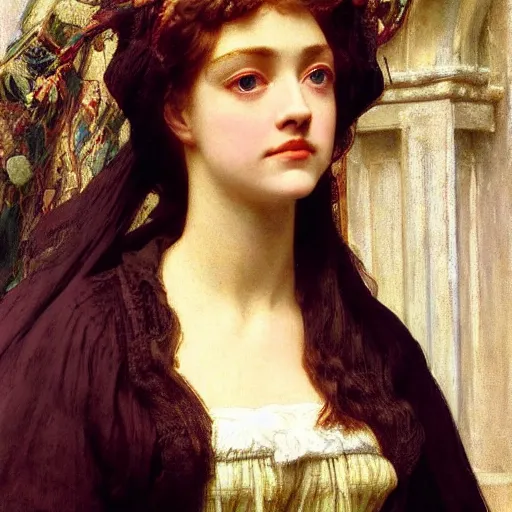 Prompt: portrait en buste of amanda seyfried in an edwardian dress by frederic william burton and frederic leighton, abundantly detailed, perfectly detailed eyes