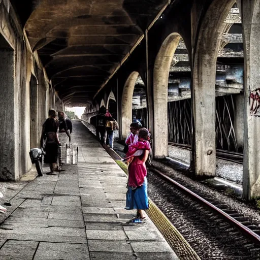 Image similar to poor people life under railway bridge, award winning, realistic, 2 0 0 0 p, hyper details, by steve mccury, best on adobe stock, cinematic, detailed place and people, 3 5 mm lens