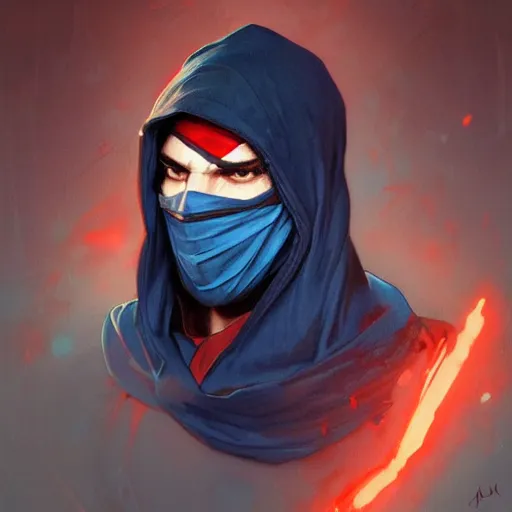 Prompt: ultra realistic illustration, man with black hair with a black mask, in blue hood, red and blue eyes, highly detailed, digital painting, artstation, concept art, smooth, sharp focus, illustration, art by artgerm and greg rutkowski and alphonse mucha