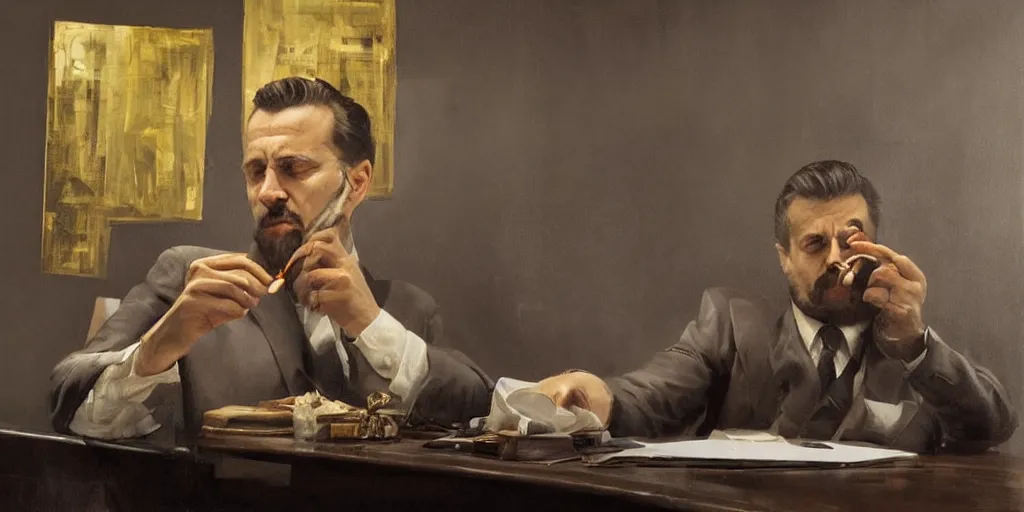 Image similar to abstract oil matte portrait painting, mafia boss smoking a cigar at his 5 0 s new york office desk, wonderful masterpiece highly detailed, beautiful cinematic light deep focus, elegant, digital painting, smooth, sharp focus, golden ratio, dramatic illumination, ultra realistic, 8 k, art by jimmy law