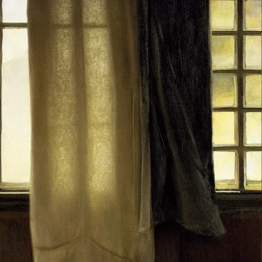 Image similar to silhouette of a woman gazing out her window at the rain, extremely detailed masterpiece, oil on canvas, somber, in the world of Andrew Wyeth, artstation, by J. C. Leyendecker and Peter Paul Rubens,