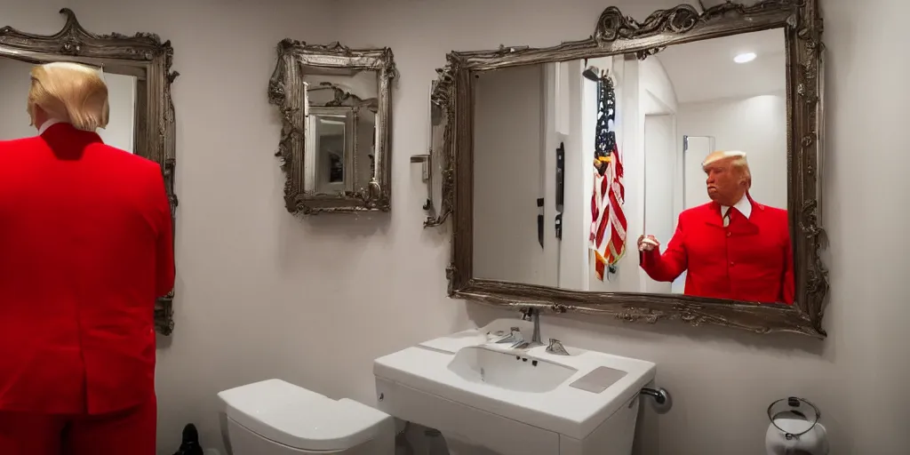 Prompt: ultra wide angle photo of donald trump wearing a looking at himself in a bathroom mirror and seeing his reflection dressed as an oompa loompa