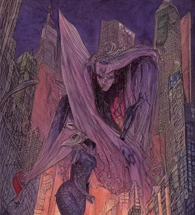 Image similar to a watercolor ink painting of the primordial eldritch goddess of fear hiding in new york in the style of jean giraud in the style of moebius trending on artstation deviantart pinterest detailed realistic hd 8 k high resolution