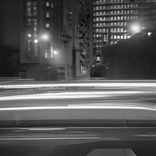 Image similar to an urban photograph of two shadowy figures, long exposure, 35mm, black-and-white