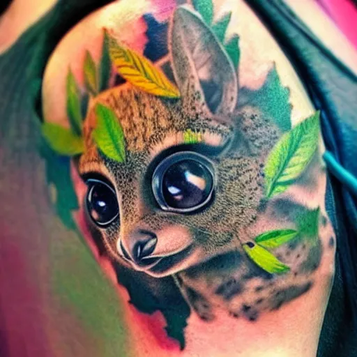 Image similar to shoulder tattoo of a multicolored trippy furry cute bushbaby, eyes are colorful spirals, surrounded with colorful marihuana leaves, insanely integrate