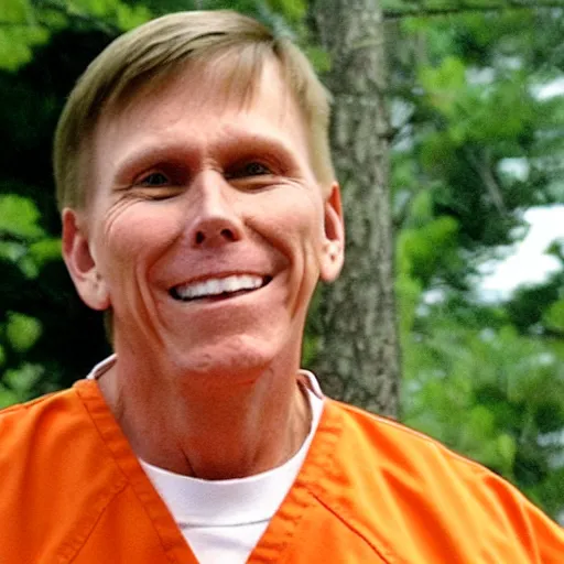 Prompt: pastor kent hovind in orange prison uniform, smiling, still from orange is the new black