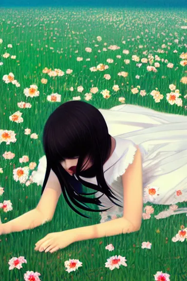 Image similar to little girl with her long black hair dressed in a simple white dress laying down on a flowery field, anime art style, digital art by ilya kuvshinov, inspired by balthus, hd, 4 k, hyper detailed, rear view