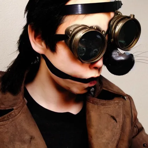 Image similar to cat person with steampunk goggles on forehead, style of hajime isayama