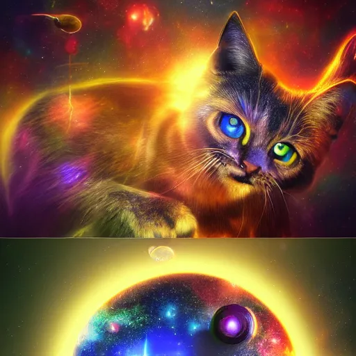 Image similar to Photorealistic magic cats in space. Hyperdetailed photorealism, 108 megapixels, amazing depth, glowing rich colors, powerful imagery, psychedelic Overtones, 3D finalrender, 3d shading, cinematic lighting, artstation concept art