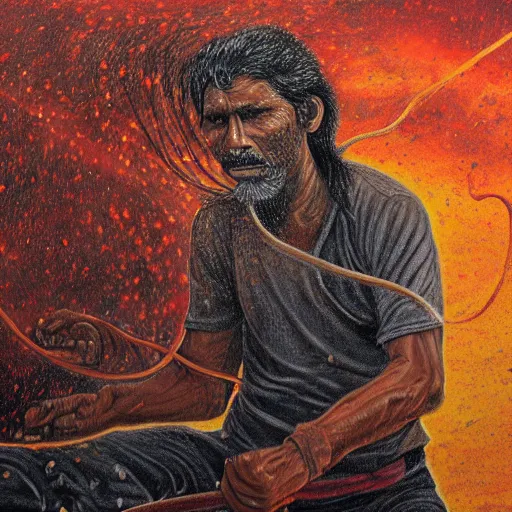 Image similar to portrait of head and body, single bangla farmer fighting on hoseback, hand to hand combat with machete, wielding machete, full body view, long flowing hair, fighting for his life, nebula aura surrounding subject, horseback combat attacker foreground, background of invading army, nestor canavarro hyperrealist art style, sharp outlines