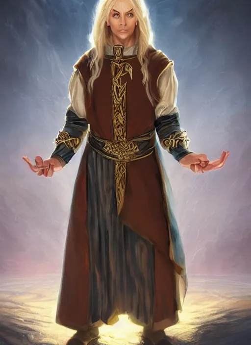 Image similar to male priest blonde parted hair healer, dndbeyond, bright, colourful, realistic, dnd character portrait, full body, pathfinder, pinterest, art by ralph horsley, dnd, rpg, lotr game design fanart by concept art, behance hd, artstation, deviantart, global illumination radiating a glowing aura global illumination ray tracing hdr render in unreal engine 5