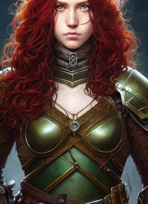 Image similar to ranger, light armor!!! long curly red hair!! covered chest!!! green eyes, fantasy, d & d, intricate ornate details, digital painting, pretty face!!, symmetry, concept art, sharp focus, illustration, art by artgerm! greg rutkowski magali villeneuve wlop! ilya kuvshinov!!, octane render