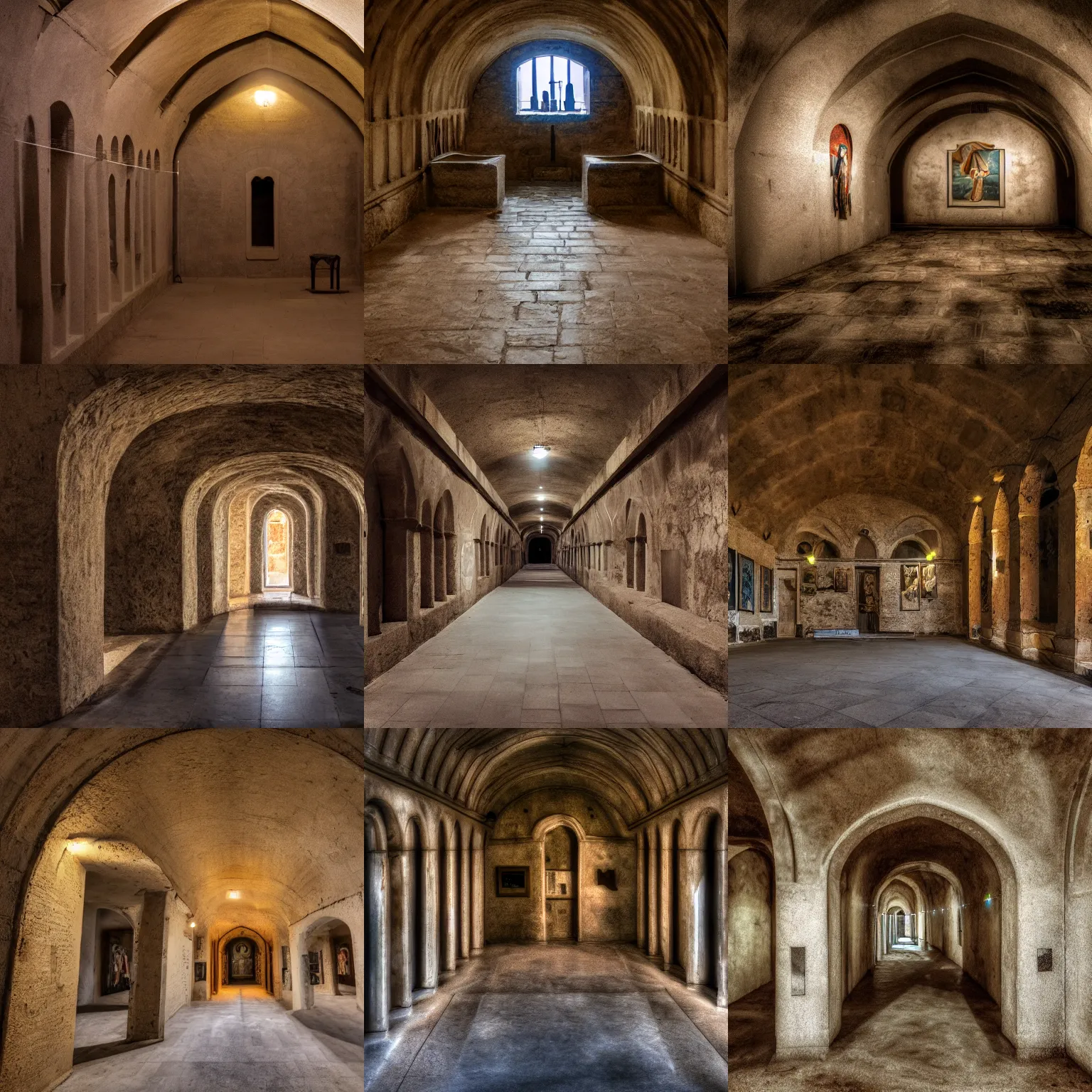 Prompt: art gallery inside a crypt, 4 k photography