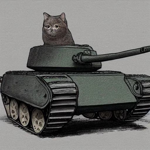 Prompt: cartoon drawing of a tank manned by british shorthair cats